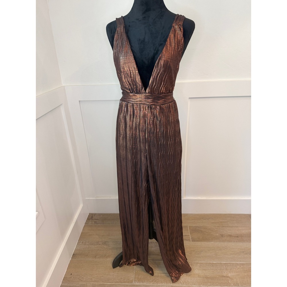 12th Tribe Metallic Bronze Pleated Wide Leg Jumpsuit Deep V Wrap Back XS - Picture 2 of 7